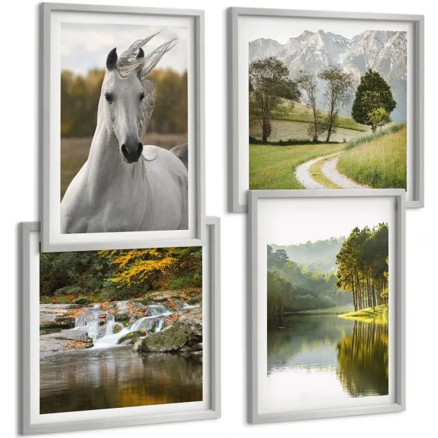 Coloray 4-Delige Schilderij Set - Witte Paarden Aan De Rivier - Natuurlandschap - 40 x 40 cm En 40 x 60 cm - Schilderijen Set - Wanddecoratie - Woonkamer Zilveren lijst