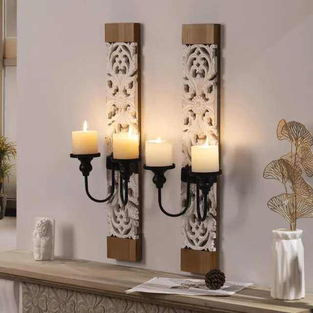 Ibenzoa Vintage Houten Wandkandelaar Set voor Sfeervolle Kaarsdecoratie in Huiselijke Ruimtes zwart