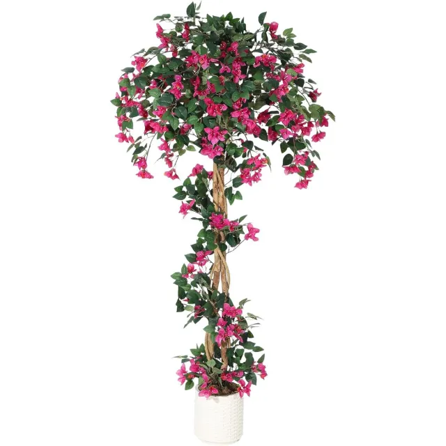 Triumpunpre 180cm Natuurgetrouwe kunst bougainvillea‑boom van zijde, UV‑bestendige roze bloemen, stam van natuurlijk hout in witte plantenpot, onderhoudsvrije grote groenvoorziening voor binnen, tuin, kantoor en bruiloftdecoratie