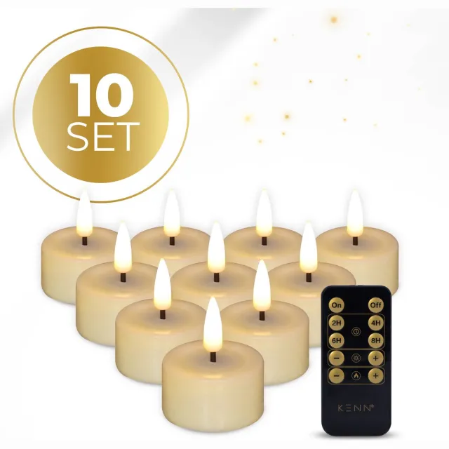 KENN LED Waxinelichtjes – Set van 10 – Ivoor – Inclusief Batterijen – Echte Wax – Met Afstandsbediening & Timer – Tot 300 Branduren – LED Theelichtjes – Kaarsen op Batterij – Realistisch Flikkerende Vlam - Nep Waxinelichtjes - LED Kaarsen