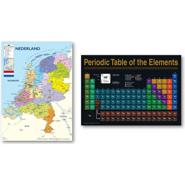 Posterpoint Nederland kaart poster en Scheikunde poster - Twee educatieve posters - Formaat 50 x 70 cm Multicolor