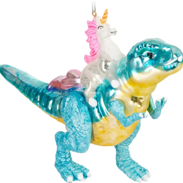 Brubaker Eenhoorn op dinosaurus - Handgeschilderde Glazen Kerstbal - Handgeblazen Kerstversiering - Grappige Kersthanger - Kerstboom Decoratie - 17cm ‎Eenhoorn op dinosaurus