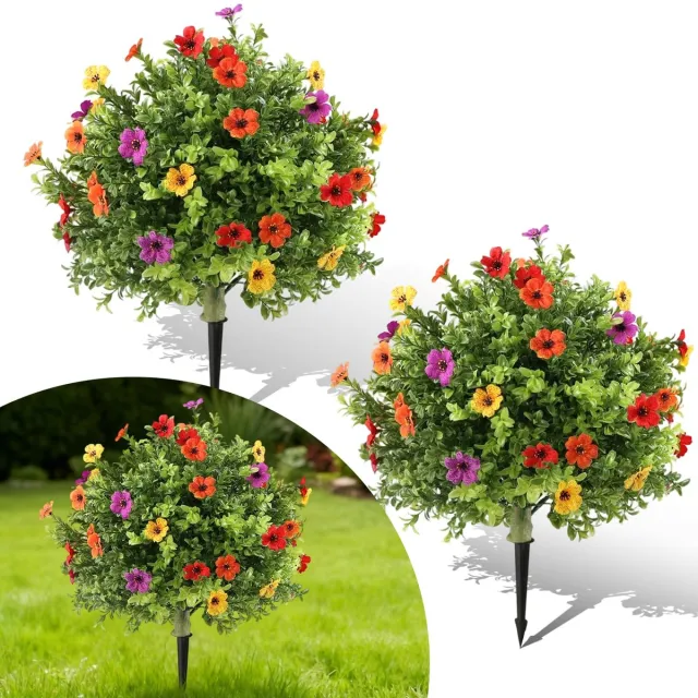 Triumpunpre Set van 2 Kunstmatige Bomen met Grondpen – Bolvormige Buxusboom met Kleurrijke Bloemen – Kunstplant voor Buiten 60 cm – Onderhoudsvrij – Tuin, Terras & Entree gemengde kleuren