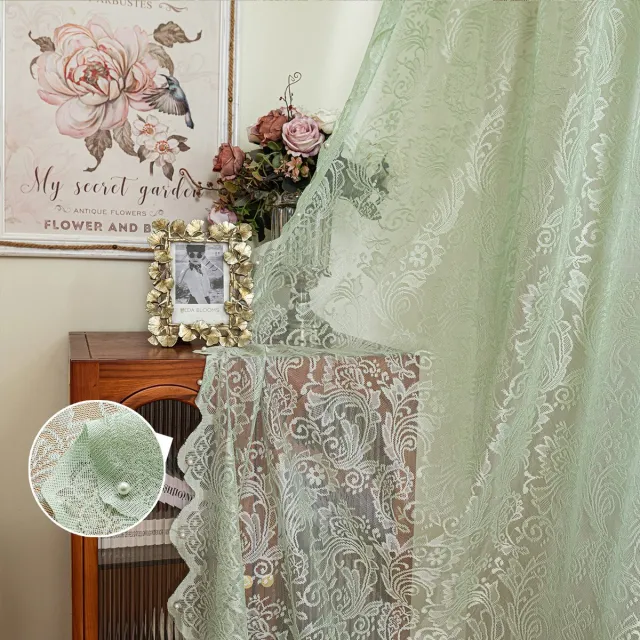 Qelus Vintage Vitrage met Bloemen - Set Van 2 - Kanten Gordijnen Kant en Klaar - Tunnelzoom - Lichtdoorlatend Brocante Stijl - 140x213cm - Mintgroen Muntgroen