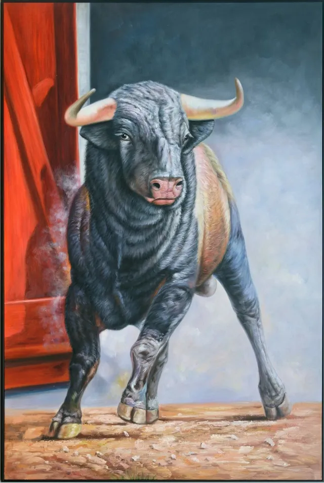 Fine Asianliving Olieverf Schilderij 100% Handgeschilderd 3D met Reliëf Effect en Zwarte Omlijsting 100x150cm Stier Multicolour