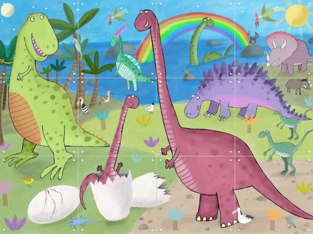 IXXI Cute Dinosaur in the Jurassic Park, Carla Daly - 80 x 60 cm - Grote wanddecoratie en posters - Illustraties, Speels, Kleurrijk, Cartoonesk Groen