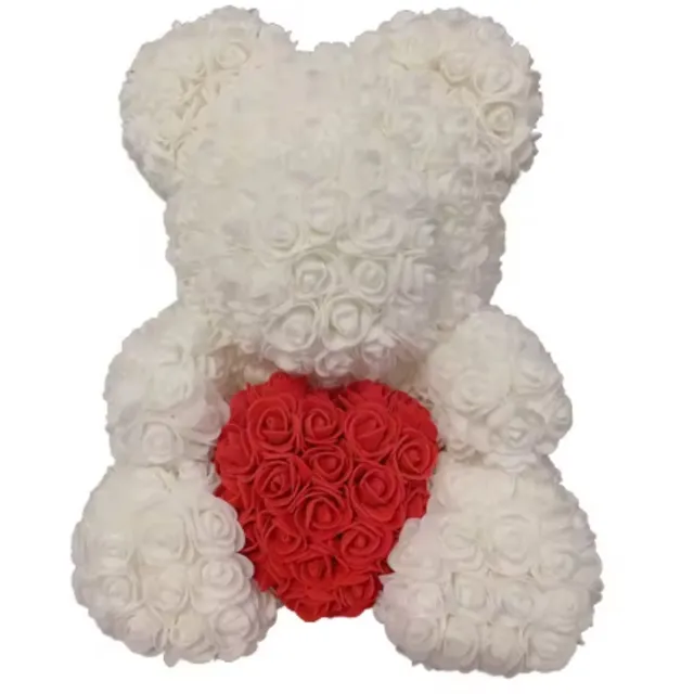 BujZoone Witte Rozenbeer 40 cm met Rood Hart – Teddybeer van Kunstrozen – Cadeaudoos + Zwart Lint (los meegeleverd) wit met rood