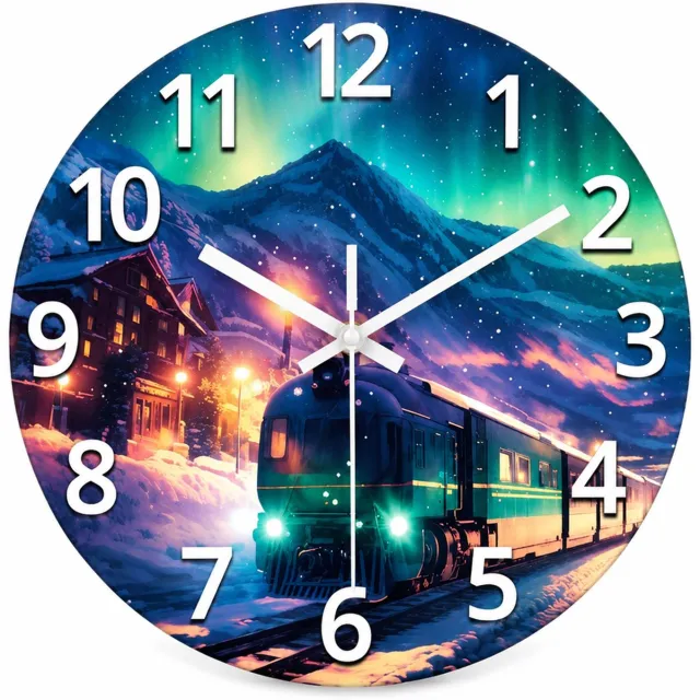 SWGOTA Ronde wandklok van gehard glas, 12 inch, stil quartz-uurwerk, witte cijfers, noorderlicht en treinmotief Multicolor