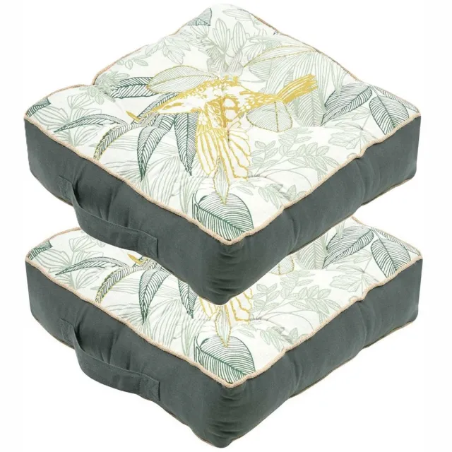 Stof Textile Vloerkussen Leaves - 2x - groen/wit - katoen - 45 x 45 x 10 cm - vierkant - Extra dik - extra zitplaatsen - spelen - gamen - relaxen