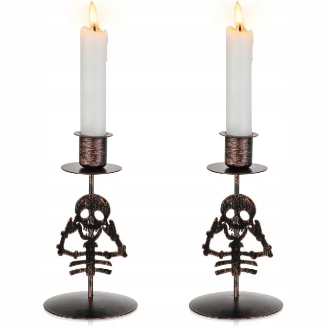 Romadedi Set van 2 Zwarte Metalen Schedel Kandelaars - Halloween Decoratie