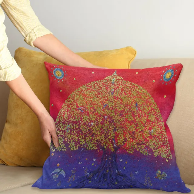 ABAKUHAUS Etnisch Kussenhoes, Oosters Kunstwerk, Decoratieve Kussenhoes met Dubbelzijdige Print, Ritssluiting, Wasbaar, 45 x 45 cm, Scarlet en Blauw