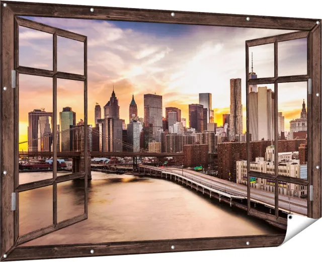Gards Tuinposter Doorkijk Brooklyn Bridge Brug in New York - 180x120 cm - Tuindoek - Tuindecoratie - Wanddecoratie buiten - Tuinschilderij Multikleur