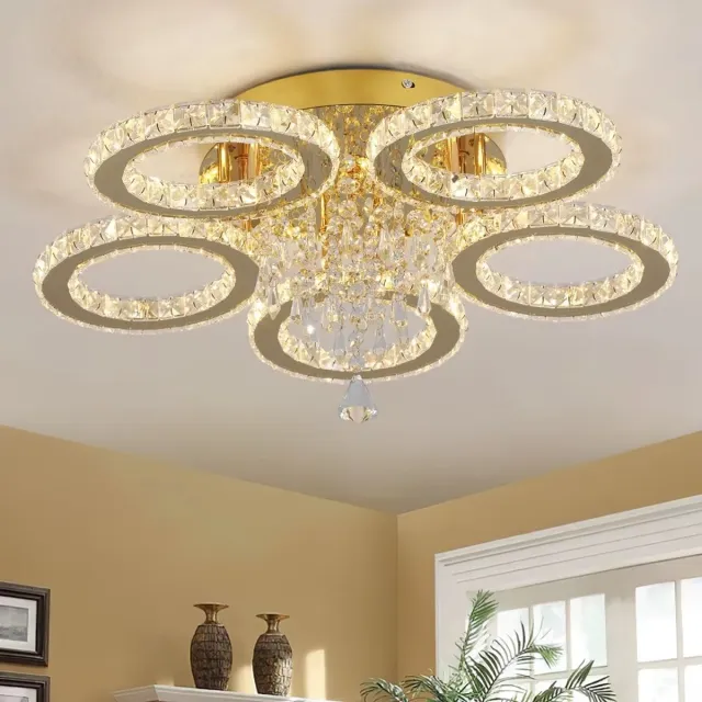 Mrs. Jones 5 Cirkel Gouden Kroonluchter - 3 Licht Kleuren - Woonkamerlamp - LED Plafondlamp - Plafonniere - Crystal LED Lamp