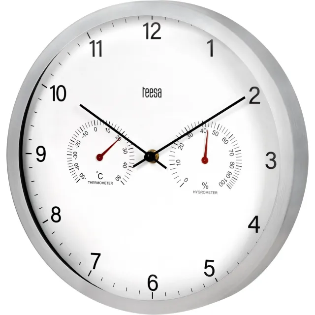 Teesa TSA0049 - Wandklok - thermometer - hygrometer- Quartz uurwerk - analoge tijdweergave - heldere wijzerplaat - 30 cm - eenvoudig aan de muur te hangen Wit