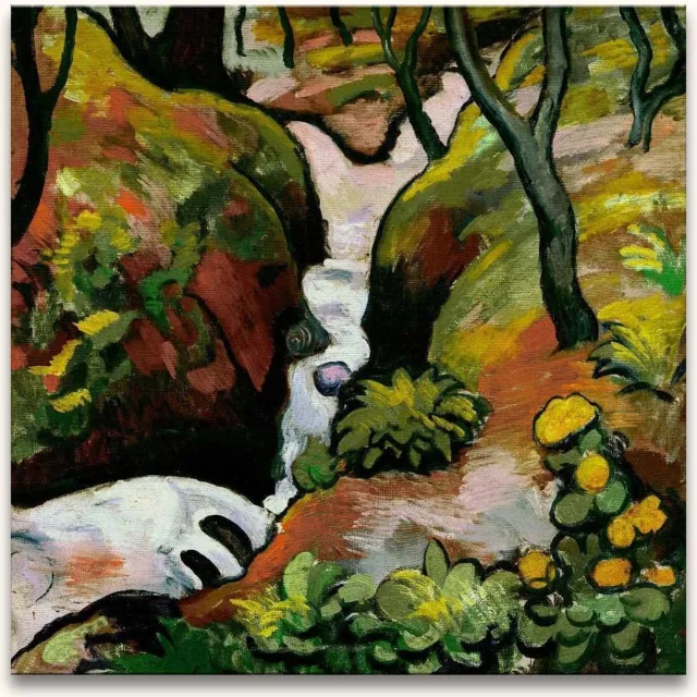 Grootmeesters ® Handgeschilderd schilderij Olieverf op Canvas - August Macke – Woud Stroom groen, blauw, geel, wit, zwart