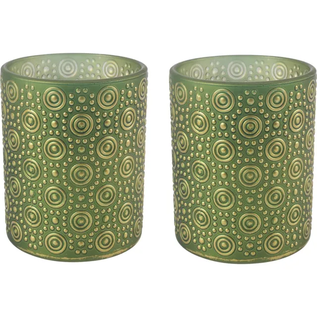 Countryfield Luxe theelichthouder - 2x stuks - Fantasy - glas - olijfgroen/goud - D8 x H10 cm Olijf groen