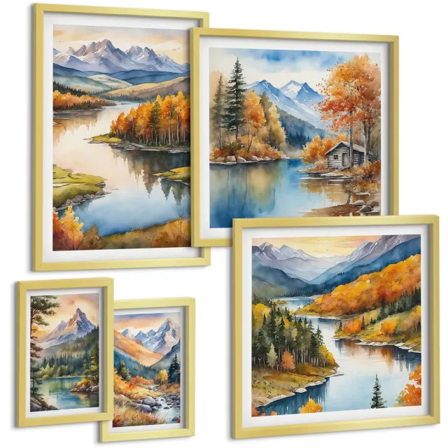 TULUP 5-Delige Schilderij Set - Berglandschappen met rivieren en herfstbomen - 50 x 50 cm, 20 x 30 cm en 40 x 60 cm - Moderne Wanddecoratie - Slaapkamer - Interieur Decoratie Gouden lijst
