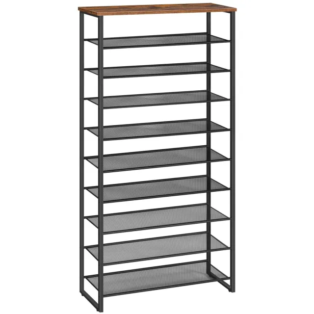 Famanu Schoenenrek met 10 niveaus, smal schoenenkast, schoenorganisator voor 32-40 paar schoenen, metaal, voor hal en woonkamer, vintage bruin-zwart