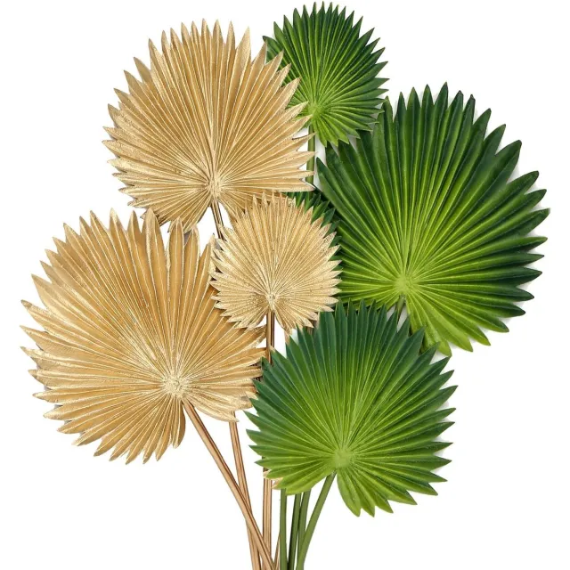Ibenzoa Exotische Tropische Kunstpalmbladeren Set voor Huis, Tuin- en Feestdecoratie - 6 Stuks, Flexibele Stelen groen en goud
