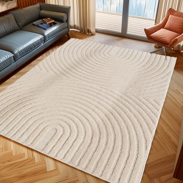 Moonay Kiyaro Arco Vloerkleed Crème 200 x 290 cm - Japandi Scandinavisch - Lijnen en Bogen - Hoog- en Laagpolig 3D Creme