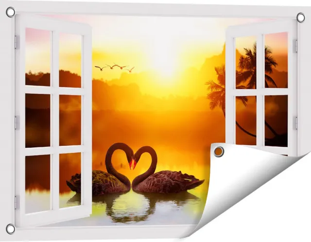 Gards Tuinposter Doorkijk Twee Zwarte Zwanen in een Hart Vorm - 60x40 cm - Tuindoek - Tuindecoratie - Wanddecoratie buiten - Tuinschilderij Wit