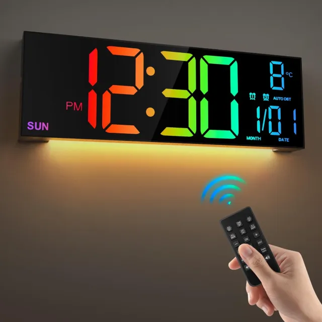 ‎HAITANG HAITANG 16'' Zwarte Grote Digitale Wandklok voor Woonkamer, Afstandsbediening, Dubbele Alarm, 8 RGB Kleuren, Groot LED-scherm, Automatische Helderheid, Datum, Automatische Zomertijd, Temperatuur