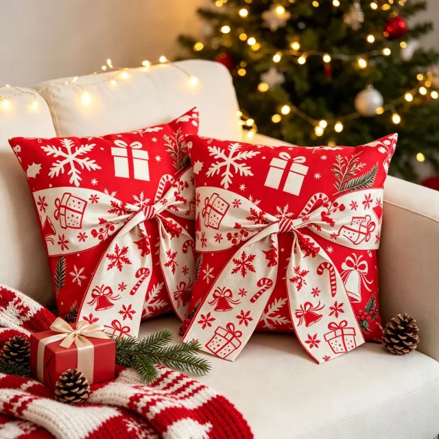 FLITI Kerst Kussenhoezen - Rode Sierkussen Hoezen met Grote Strik en Kerstprint - Decoratieve Hoezen voor Bank en Woonkamer - Zonder Binnenkussens - 45x45 cm - Set van 2 Rood