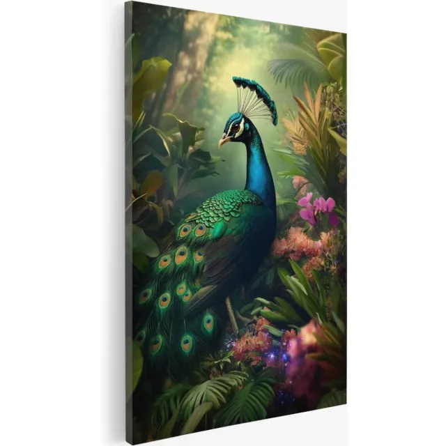 Saammp Canvas Schilderij - Pauw in de jungle - Dieren - Abstract - 30x45 - Foto op canvas - Wanddecoratie - Muurdecoratie Woonkamer - Slaapkamer decoratie - Canvas Print Multicolor