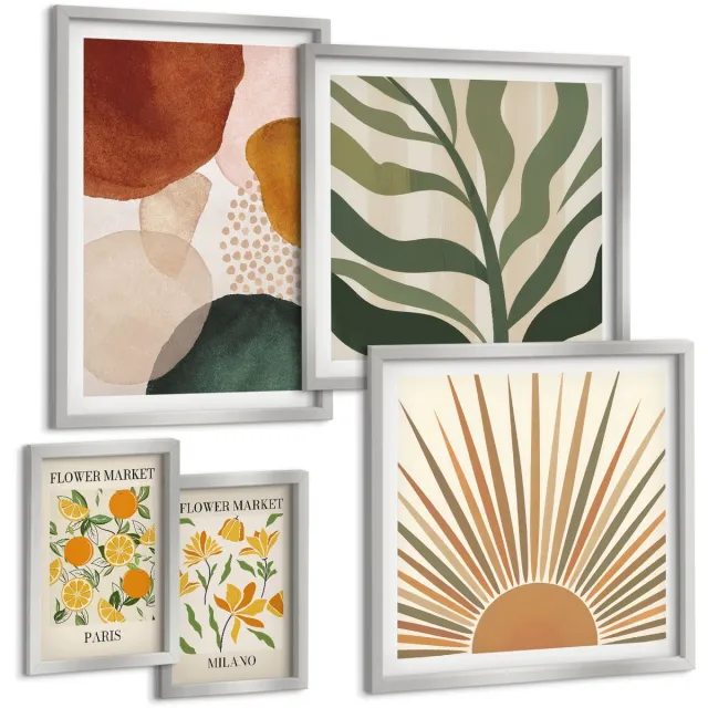 TULUP 4-Delige Schilderij Set - Stijlvolle afbeeldingen met plantaardige en geometrische motieven. - 50 x 50 cm, 20 x 30 cm en 40 x 60 cm - Wanddecoratie - Moderne Interieurdecoratie - Muurdecoratie Zilveren lijst