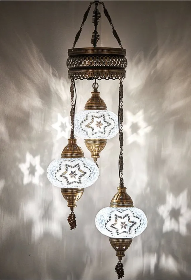 Halay Turkse hanglamp - mozaïek wit - 3 glazen bollen - handgemaakt - sfeervolle verlichting