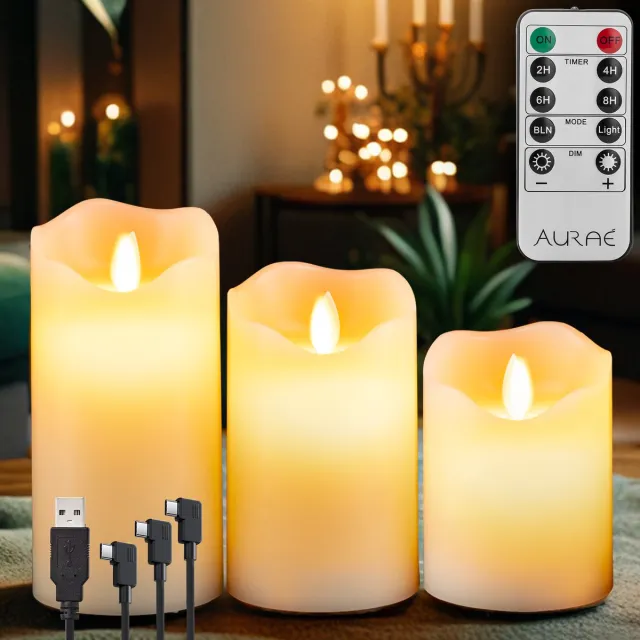 Aurae Oplaadbare Led Kaarsen met Bewegende Vlam - 3x - Echte Wax - 35+ Branduren - Afstandsbediening - Flikkerende Vlam - Oplaadbaar - Timer - Kerst Kaarsen Ivoor • Bewegende Vlam • Oplaadbaar
