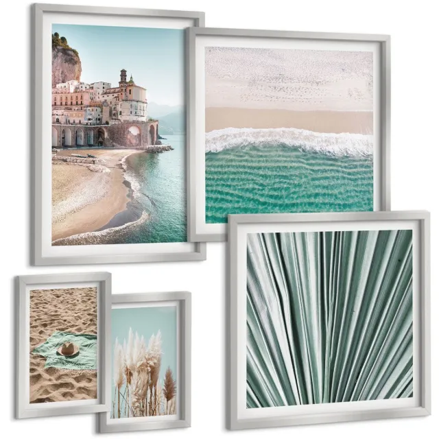 TULUP 4-Delige Schilderij Set - Stijlvol uitzicht op zee met stranden en vegetatie. - 50 x 50 cm, 20 x 30 cm en 40 x 60 cm - Wanddecoratie - Muurdecoratie - Woonkamer - Woonkamer Decoratie Zilveren lijst