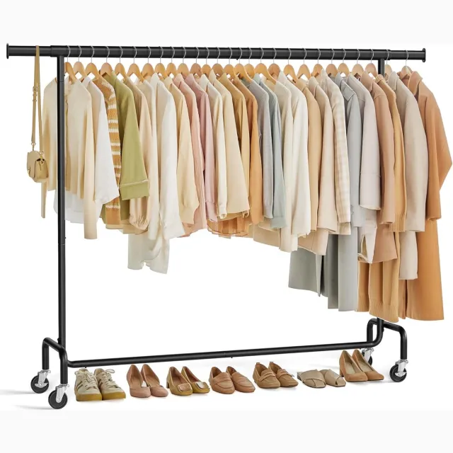 FurnStar Kledingrek op Wielen - Metaal - Verstelbaar - Garderobestand- Voor zware belasting - Uittrekbare kledingstang - Tot 110 kg belastbaar - Eenvoudige montage- Draagbaar - 45 x (160-200) x 162,9 cm - Van metaal -Verchroomd - Mat Zwart