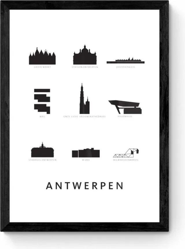 Kunst in Kaart Antwerpen - Architectuur Poster - Ingelijst Zwart, Wit