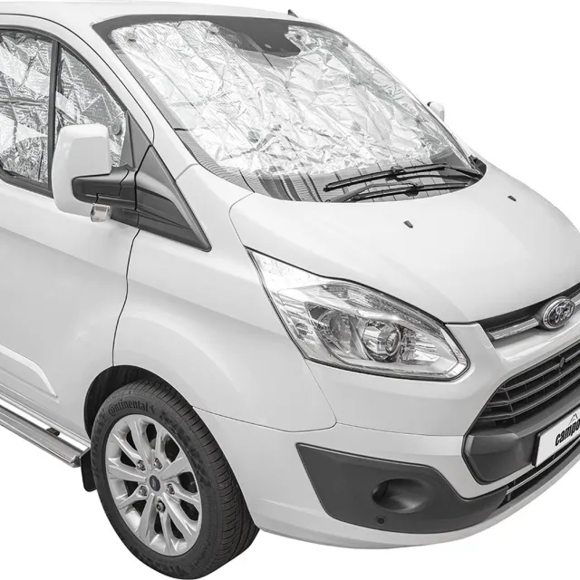 Campout Set van 3 Raamisolatiematten 59 x 41 cm – 7-laags Raamisolatie voor Ford Transit Custom vanaf 2013 – Voor Voorruit en Zijramen – Inclusief Bevestigingszuignappen – Grijs