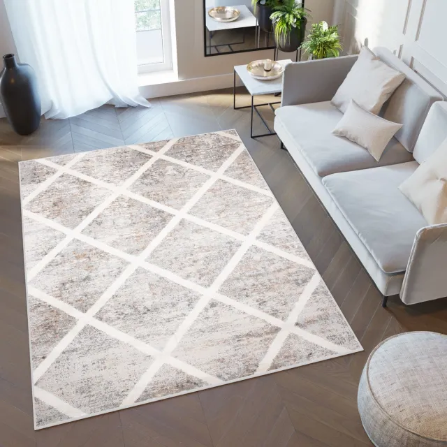 Tapiso Valley Vloerkleed Tapijten Woonkamer Laagpolig Geruit Grijs Lichtbruin