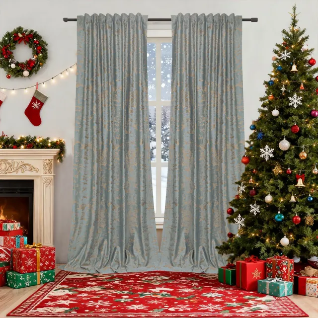 MUPOO Fluwelen Gordijnen met Multifunctionele Ophangband - Verduisterend Gordijn 80-95% en Thermisch Isolerend - Privacy Gordijn met Goudprint voor Woonkamer en Slaapkamer - Lichtgrijs - 132 X 225 Cm (B X H) - 2 Stuks