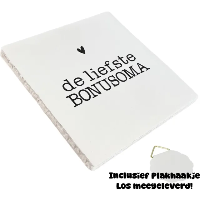Snoes Spreuktegel – De liefste BONUSOMA – Wit met Zwart – Inclusief Plakhaakje – Handgemaakt Spaans Keramiek 10x10 cm – Cadeau Bonusoma – Persoonlijk Kado Familie
