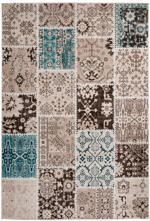 Padiro design laagpolig vloerkleed 120 x 170 cm - lichtbeige - oosters vintagepatchworkpatroon - voor vloerverwarming - van polypropyleen en jute