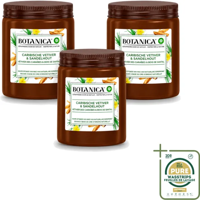 Air Wick 3 x Botanica by Air Wick - Geurkaars - Vetiver & Sandelhout - 40 Uur Brandduur - Wasstrips - Geurkaars Vetiver Sandelhout - Vetiver Geur - Sandelhout Geur - Geurkaars 40 Uur - Botanica Geurkaars Bruin