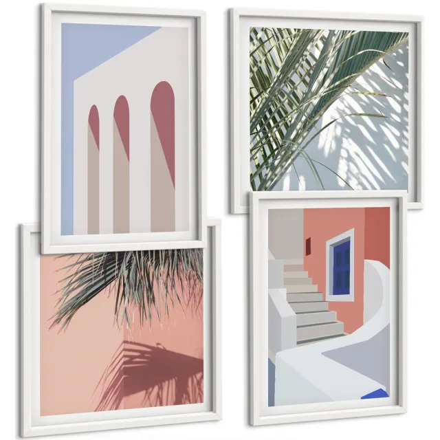 Coloray 4-Delige Schilderij Set - Illustraties Van Stedelijke Architectuur In Minimalistische Stijl - 40 x 40 En 40 x 60 - Muurdecoratie - Wanddecoratie - Hal - Woonkamer Decoratie Witte lijst