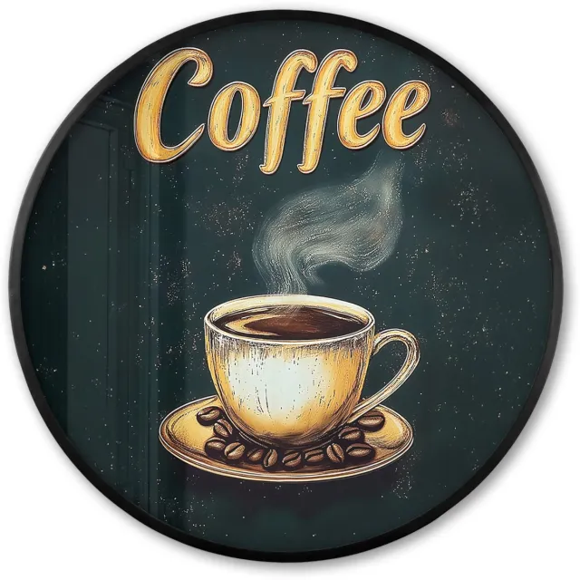 FrameYourWall Poster in lijst Rond - Fotolijst 80x80 cm - Posters - Koffie - Schotel - Koffiebonen - Retro - Ronde posterlijst zwart - Decoratie - Wanddecoratie woonkamer - Muurdecoratie slaapkamer