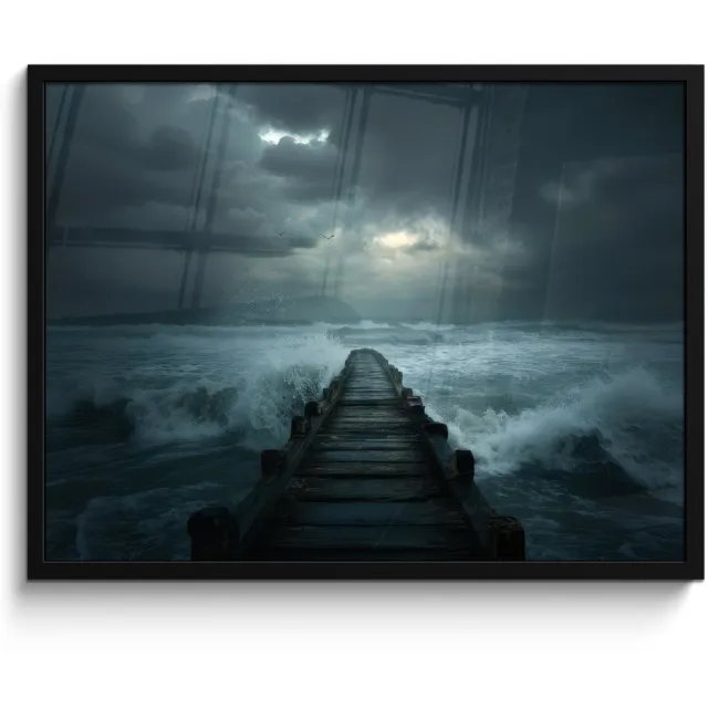FrameYourWall Poster in lijst - Fotolijst 80x60 cm - Posters - Steiger - Storm - Golven - Posterlijst zwart - Decoratie - Wanddecoratie woonkamer - Muurdecoratie slaapkamer