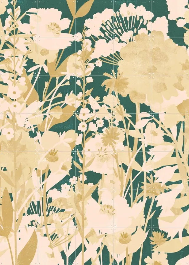 IXXI Flower Garden dark, Lotte Dirks - 100 x 140 cm - Grote wanddecoratie en posters - Vintage, Illustraties, Woonkamer, Slaapkamer, Natuur, Wilde Groen