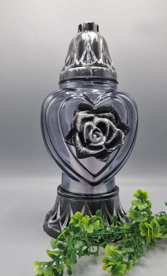 Herdenkingslichtjes Herdenkingslicht - P39 - Zilver - Grijs glas - Roos (Rond) - Grafkaars – Graflicht – Graflantaarn – Grafdecoratie - Windlicht