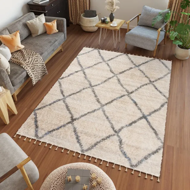 Tapiso Versay Fringes Vloerkleed Hoogpolig Boho Shaggy Tapijt Beige Grijs