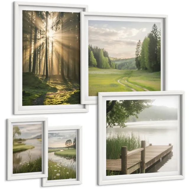 TULUP 4-Delige Schilderij Set - Boslandschappen met zonnestralen en kalm water - 50 x 50 cm, 20 x 30 cm en 40 x 60 cm - Decoratieve Muurdecoratie - Slaapkamer - Stijlvolle Muurdecoratie Witte lijst