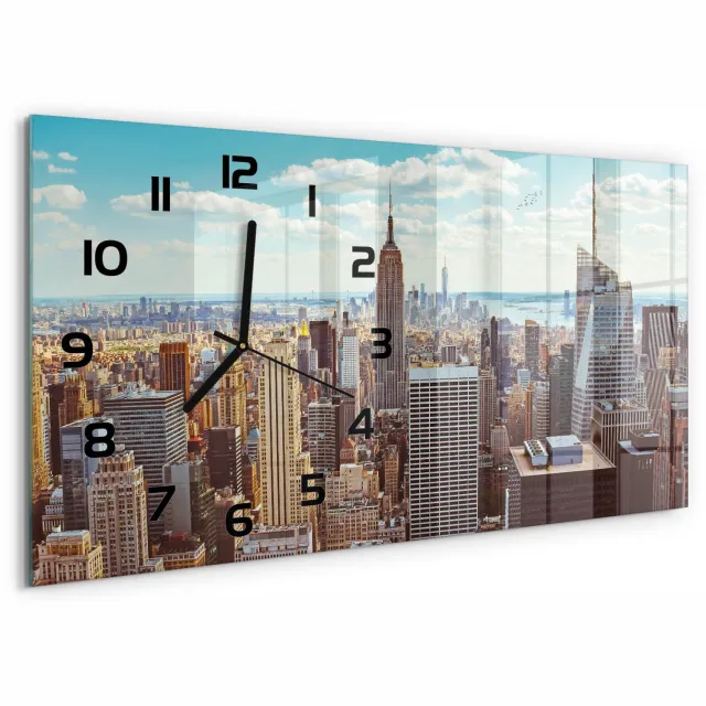 TULUP Wandklok - Vogelsvlucht in New York Wandklok Glas Decoratie - 60x30 cm - Blauw Gekleurde Glazen Klok - Zwarte handen - Rechthoekige Klok - Klok Glas Met Opdruk - Moderne Wandklok Glas