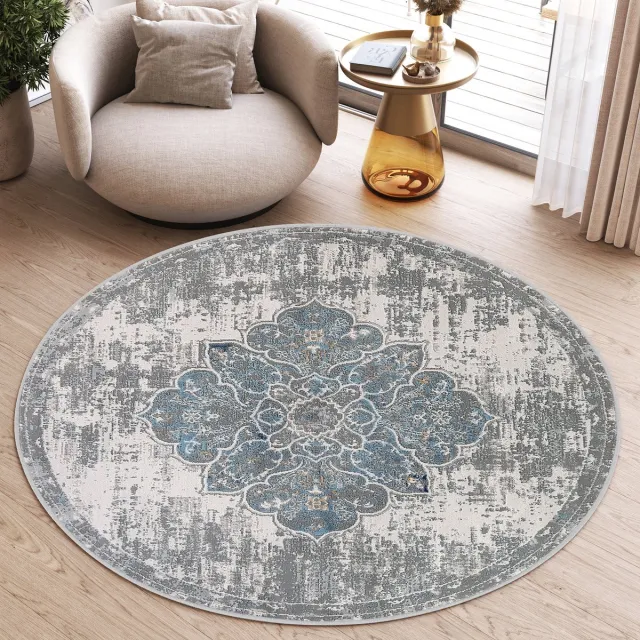 Tapiso Valley Rond Vloerkleed Grijs Blauw Gezaagd Laagpolig Tapijt Maat- 80x80