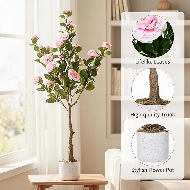 HOERFURIY Roze kunstboom‑120cm‑met pot‑polyester‑decoratief‑kunstplant‑interieur‑woonkamer